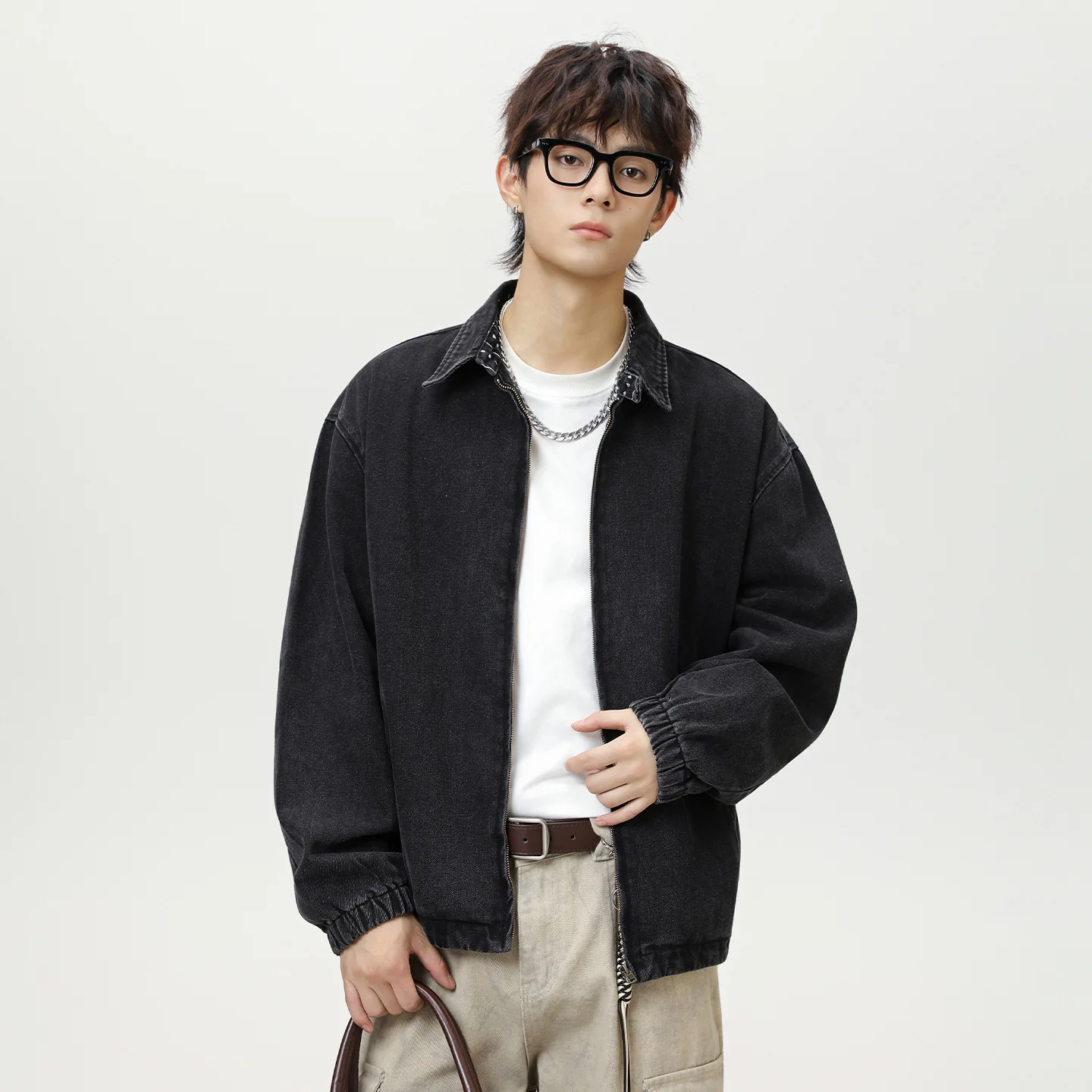 

Vintage Washed Workwear Denim Jacket For Men Autumn Style Printed Collar Design Short Wide Silhouette Trendy Brand Coat NEAH