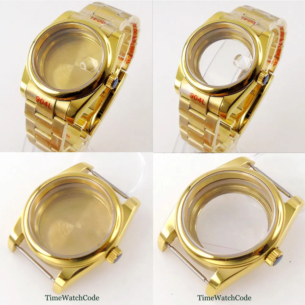 

39mm/36mm Gold Plated Watch Case For NH35 NH36 Miyota8215 821A DG2813 3804 ETA2836 2824 PT5000 Sapphire Crystal 316L Bracelet