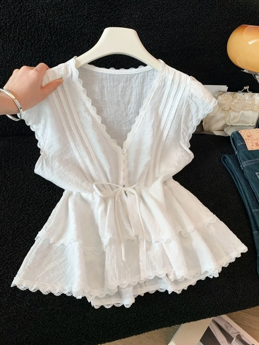 

Pure Desire V-Neck Lace Trim Waist-Cinching Sleeveless Shirt Summer Unique Anti-Aging Fairy Doll Top Women's Fashion