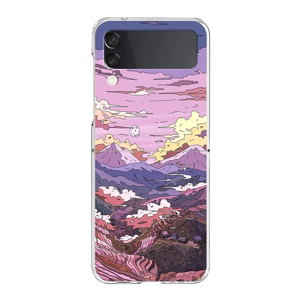 INS Korean Sunset Scenery Case For Samsung Galaxy Z Flip 3 4 5G Hard HD Folding PC Phone Cases For Samsung Z Flip3 Clear Cover
