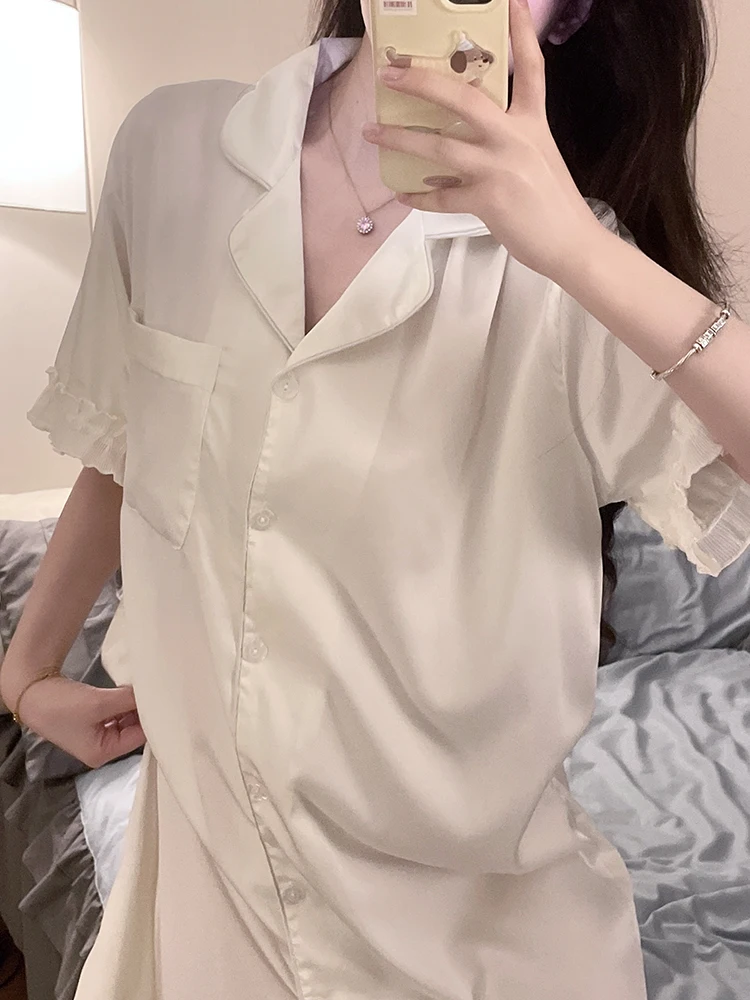 DAIMELU lace shirt nightdress women's nightgown summer sleepwear thin ice silk sexy white girl high-end loungewear pajamas skirt