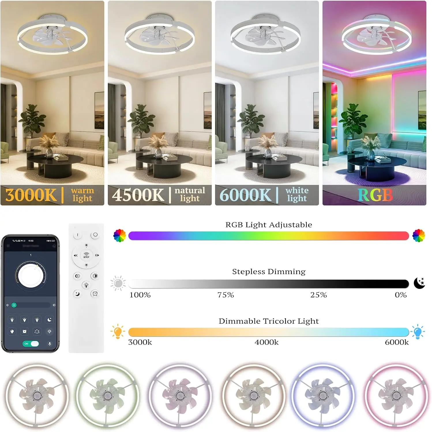 20-inch Flush Mount Ceiling Fan with Light, 3CCT LED RGB | Remote-Controlled Low-Profile Fan, 6-Speed Timer and Memory, for Bedroom or Living Room, White