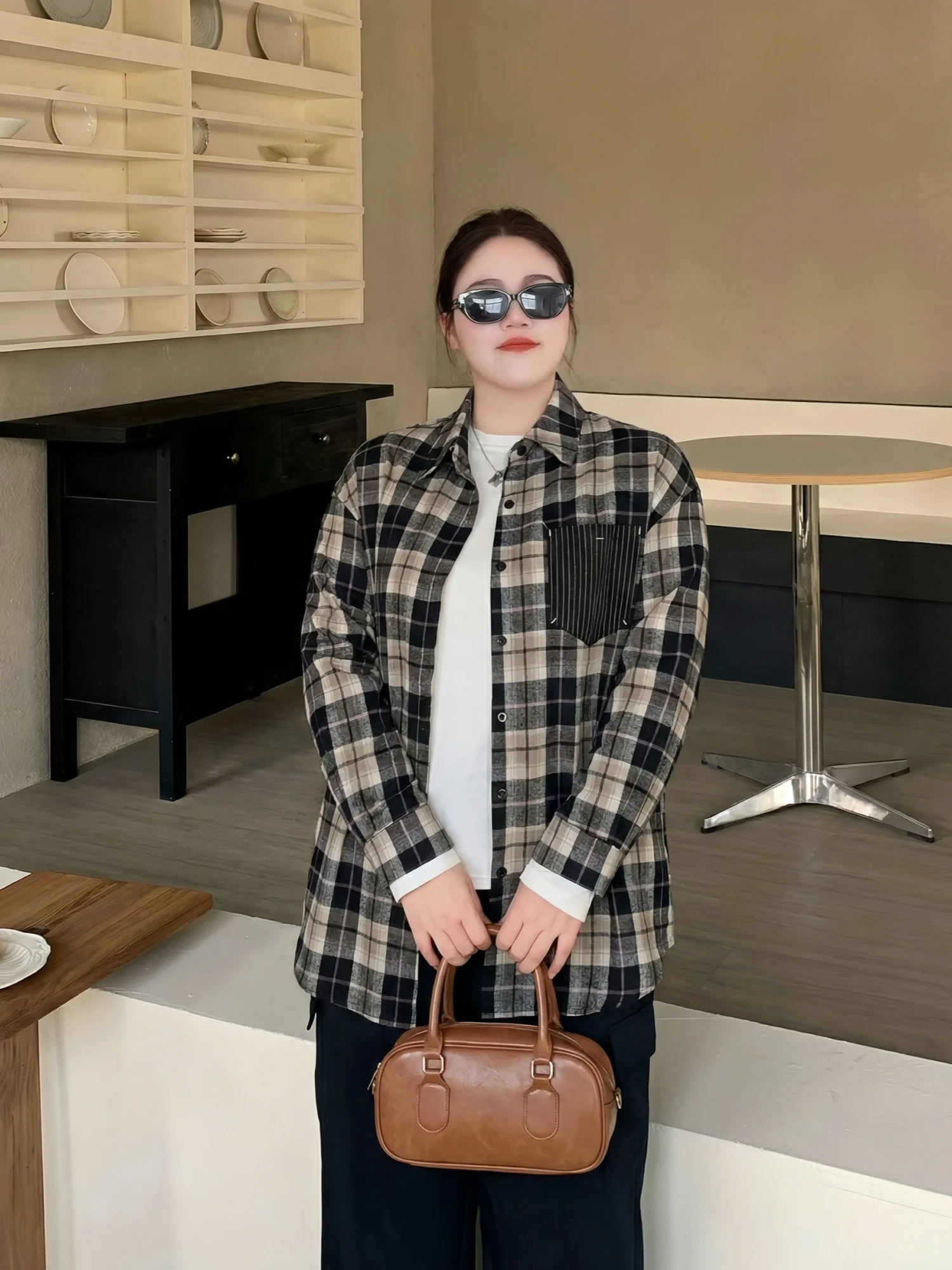

plus Size Women's Shirt Spring Vintage Plaid Loose Fit Turn-down Collar Versatile Top Trendy Commute Wind Standard Polyester ...