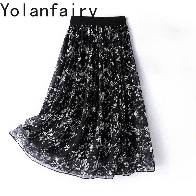 YOLANFAIRY Elegant Summer Skirt 100% Real Mulberry Silk Skirts for Women 2026 Fashion Floral Skirt Woman Clothing Elastic Waist