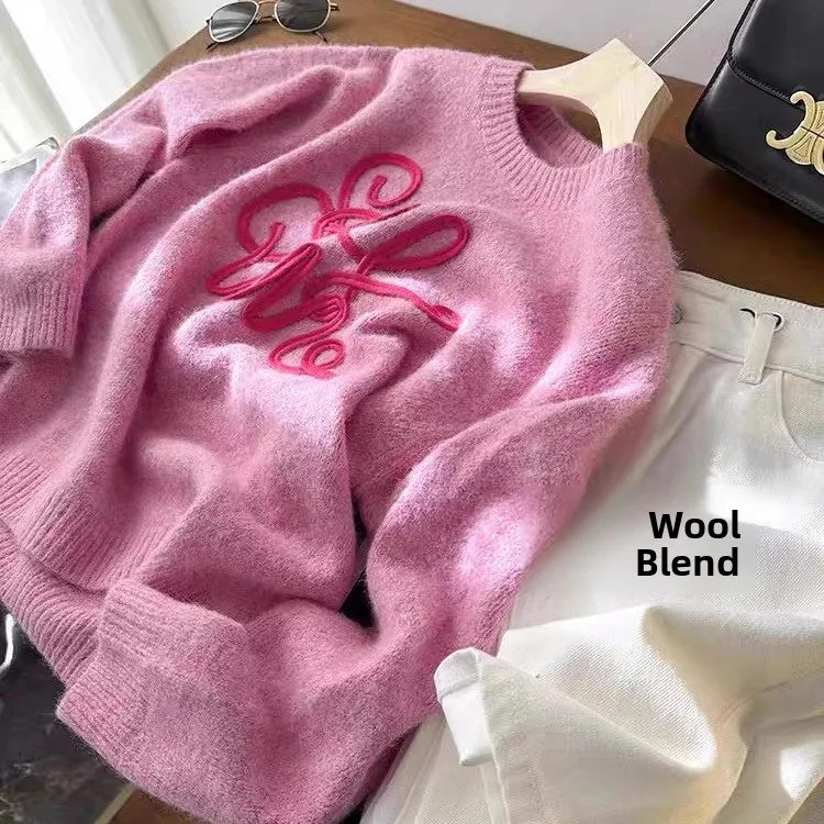 

Trendy Knitted Wool Blend Long Sleeve Women's Sweater Loose Fit round Letter Design Warm Commute Style Winter Fashion