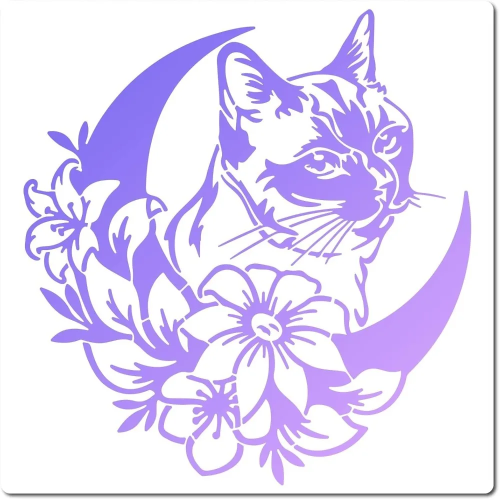 Large Cat Flowers Stencils 12x12 Inch Reusable Craft Floral Moon Stencil Template Signs Home Animal Wall Drawing Family Decor