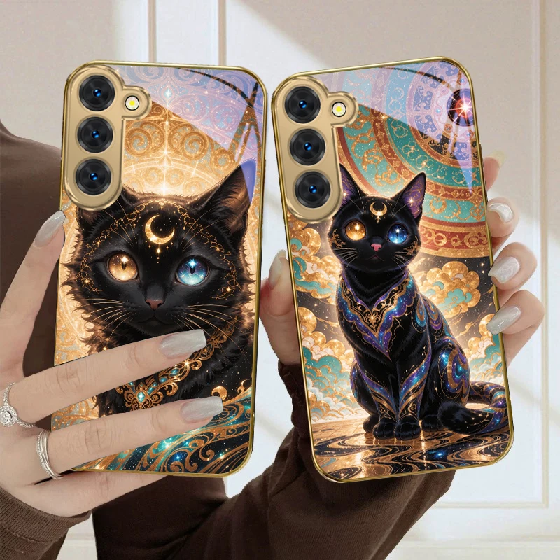 Brilliant Black Cat For Samsung Galaxy S26 S20 FE S21 Ultra S23 Plus S24 Ultra S25 S21+ S22Plus S26 24 Golden glass phone case