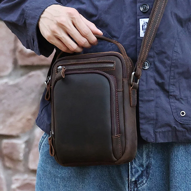 

Сумка через плечо с регулируемым ремешком и верхней ручкой и несколькими карманами на молнии, мужские винтажные повседневные сумки на плечо из натуральной яловой кожи