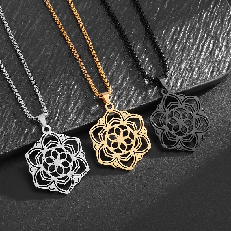 Stainless Steel Cut Three-Layer Geometric Eternal Flower Lotus Pendant Necklace for Men and Women Simple Yoga Jewelryaccessories