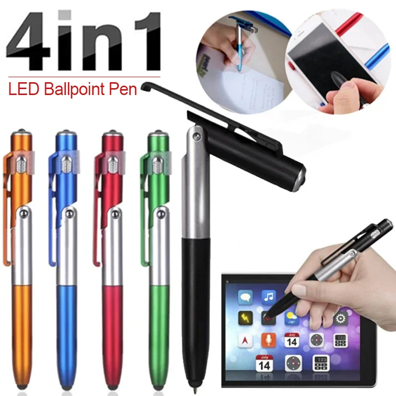 4 IN 1 Touch Pen Ballpoint Pens with LED Light Folding Stand for All Phone Holder Night Reading Pencil School Office Stationery