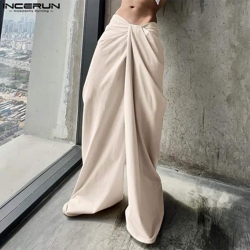 INCERUN Men Wide Leg Pants Solid Color Pleated Joggers Zipper Casual Trousers Men Streetwear 2024 Loose Fashion Long Pants S-5XL