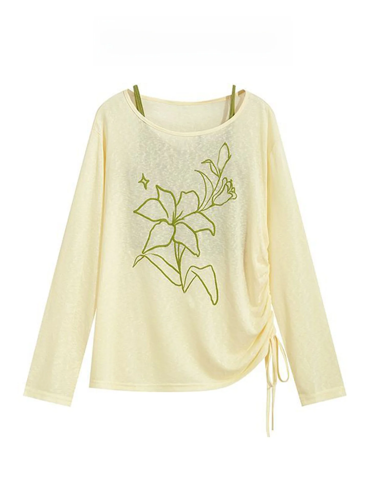 

Ladies Summer Long Sleeve Yellow Top And Shoulder Baring Two Piece Set Sun Protection Lightweight T Shirt Casual Fashion Ense...