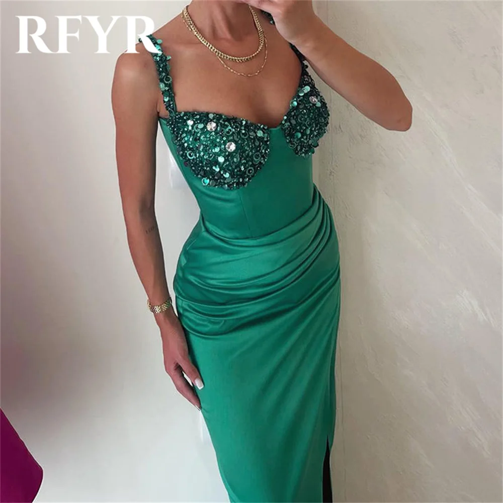 RFYR Green Scoop Women Evening Dress Simple Spaghetti Strap with Pleats Satin Sequins Trumpet Prom Formal Gowns Dress Customized