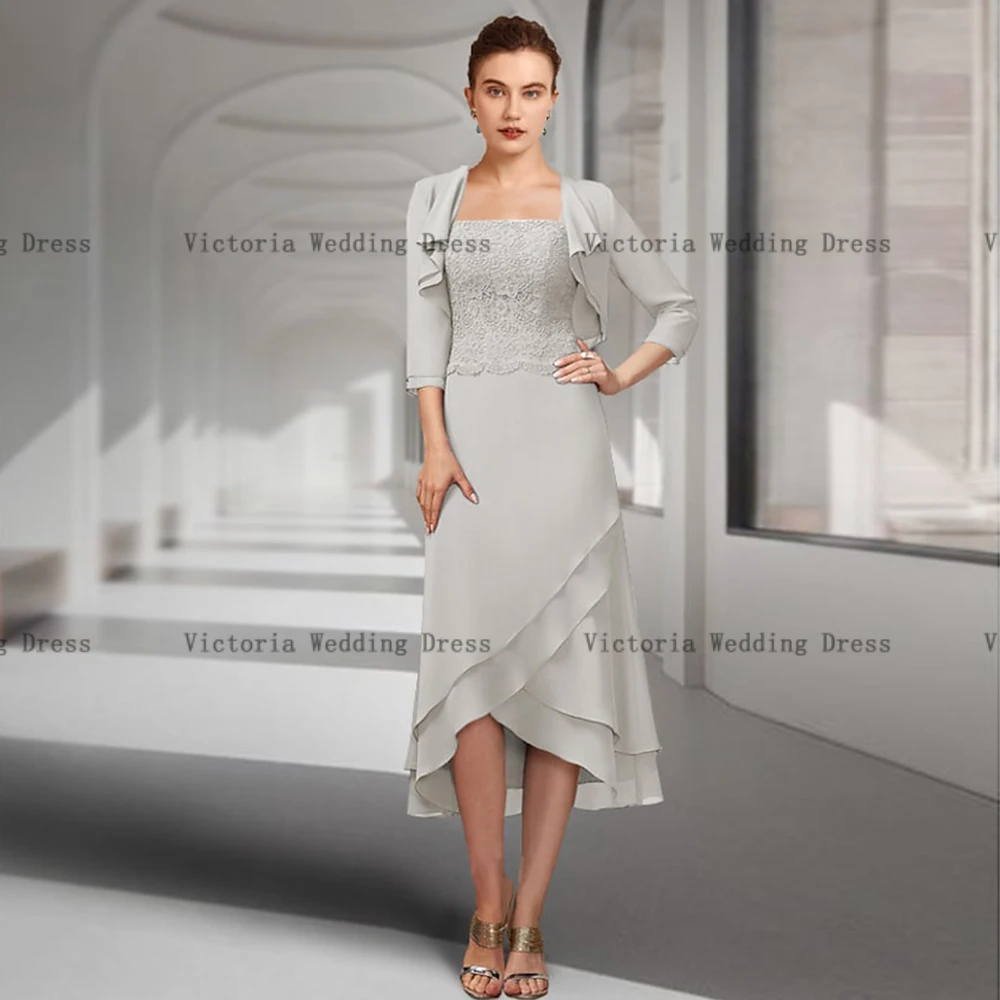 Elegant Chiffon Mother of the Bride Dresses Square Neck 3/4 Sleeves Wedding Party Gowns Lace Tea Length A-Line فساتين السهرة