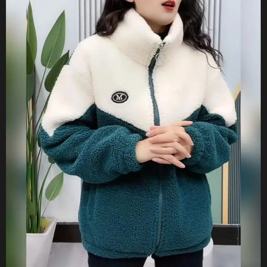 

Women's Color Contrast Fleece Coat, Korean Style, Harajuku Clothing, Warm Velet Coat, Female Fashion, Autumn, Winter, 2022