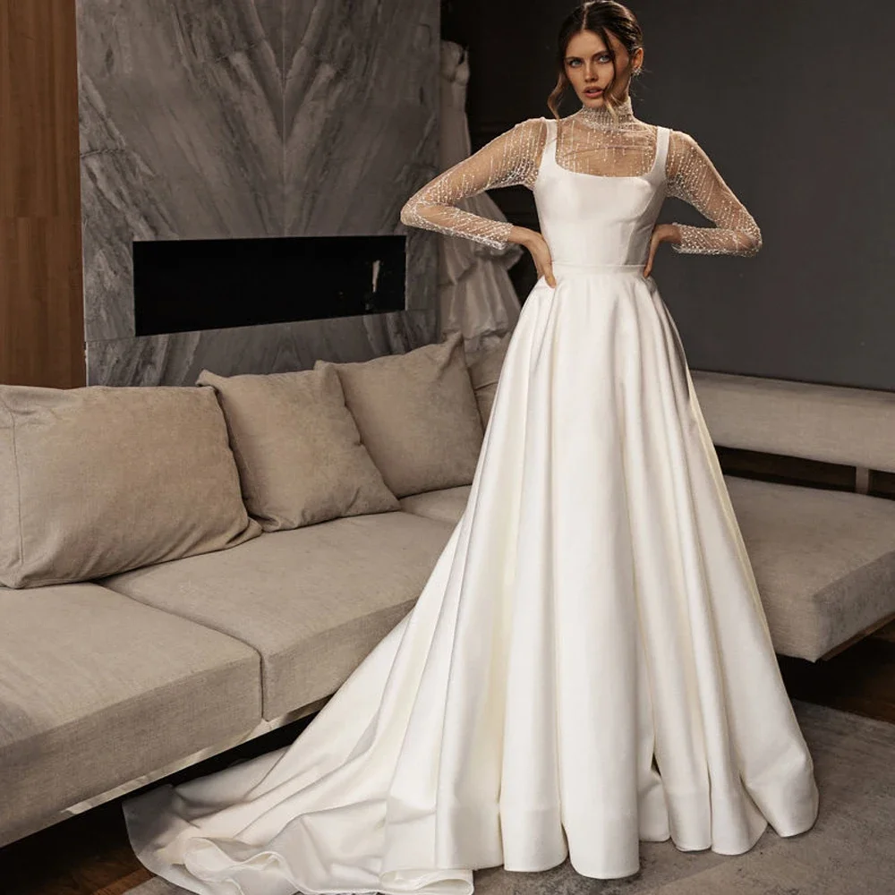 

Customized Simple Wedding Dresses High Quality Smooth Comfortable Elegant A-line Beautiful Full Sleeves Sweep Party Gown Women