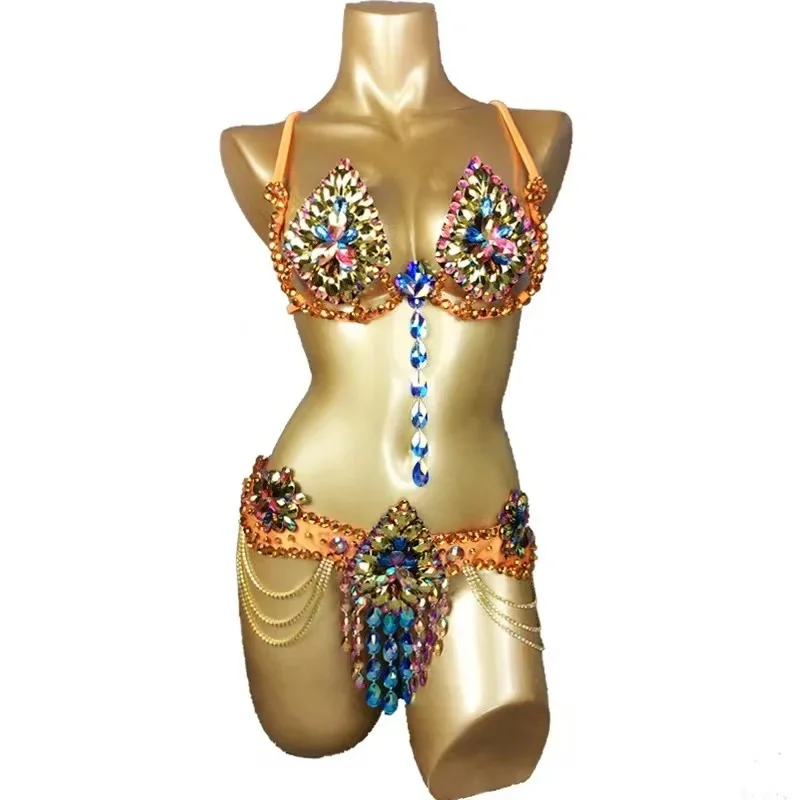 Samba Carnival Wire Bra Women's Belly Dance Costume Rhinestone Waist Belt Stage Performance Show Rave Outfit Luxury Sexy Clothes