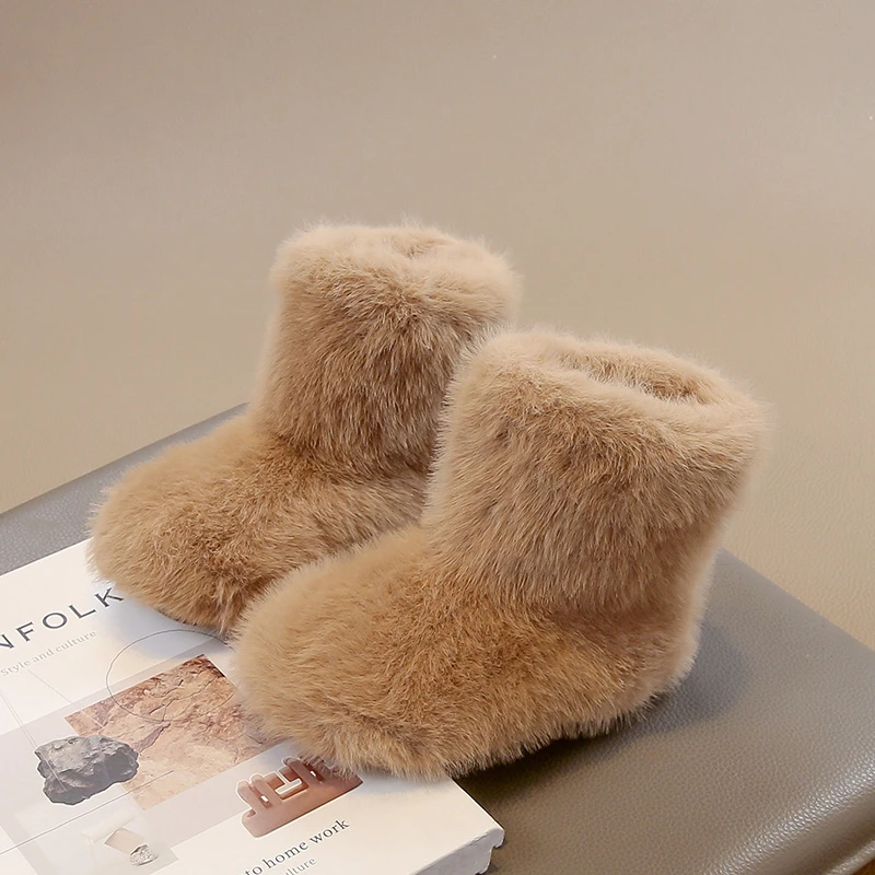 2025 جديد فاخر سميك فراء الأحذية طفل فتاة رقيق الدافئة أفخم الجوارب الطفل شتاء جديد جولة تو الانزلاق على أحذية قطنية في الهواء الطلق