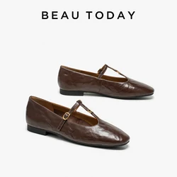 BEAUTODAY Mary Janes Shoes Women Calfskin Leather Flats Metal Buckle T-Strap Ladies Ballet Shoes Handmade 28387