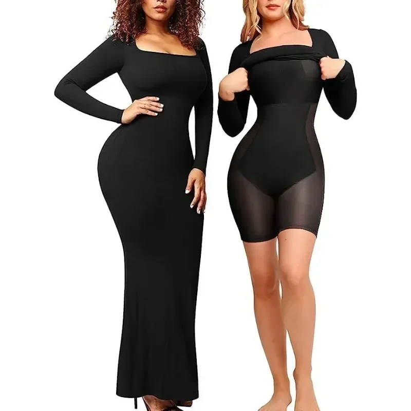 

Shapewear Dress Bodycon Maxi Built in Shaper 8 in 1 Women Lounge Long Sleeve Dresses