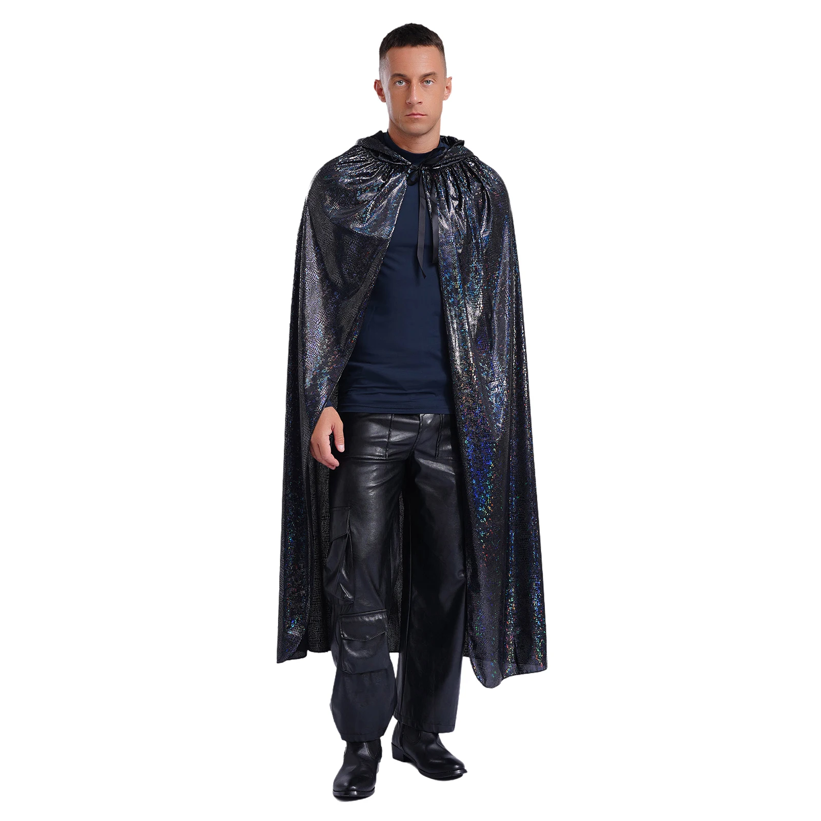 

Mens Halloween Carnival Shiny Hooded Cape Front Tying Full Length Cloak Magician Witch Wizard Vampire Cosplay Costume