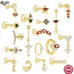 Aide 1PC Zircon Flower Cluster Ear Cartilage Piercing Stud Earring 925 Silver Green Diamond Helix Conch Screw Back Ear Bone Jewe