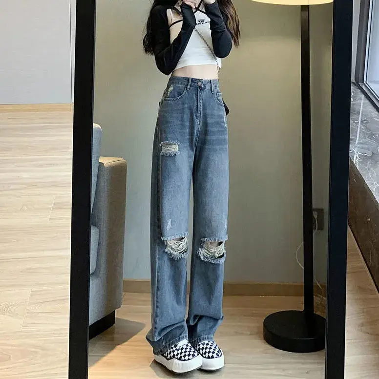 

Summer Blue Ripped Jeans Women Fashion Casual Wide Leg Jeans Women's Streetwear Loose Hip Hop Straight Hole Denim Pants A245