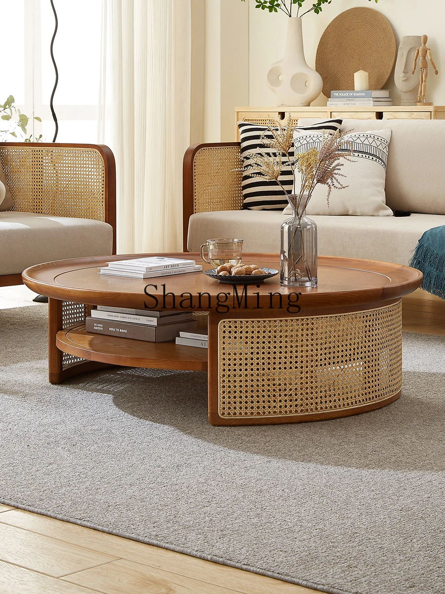 FG good-looking  solid wood coffee table living room household log rattan retro minimalist round coffee table small apartment