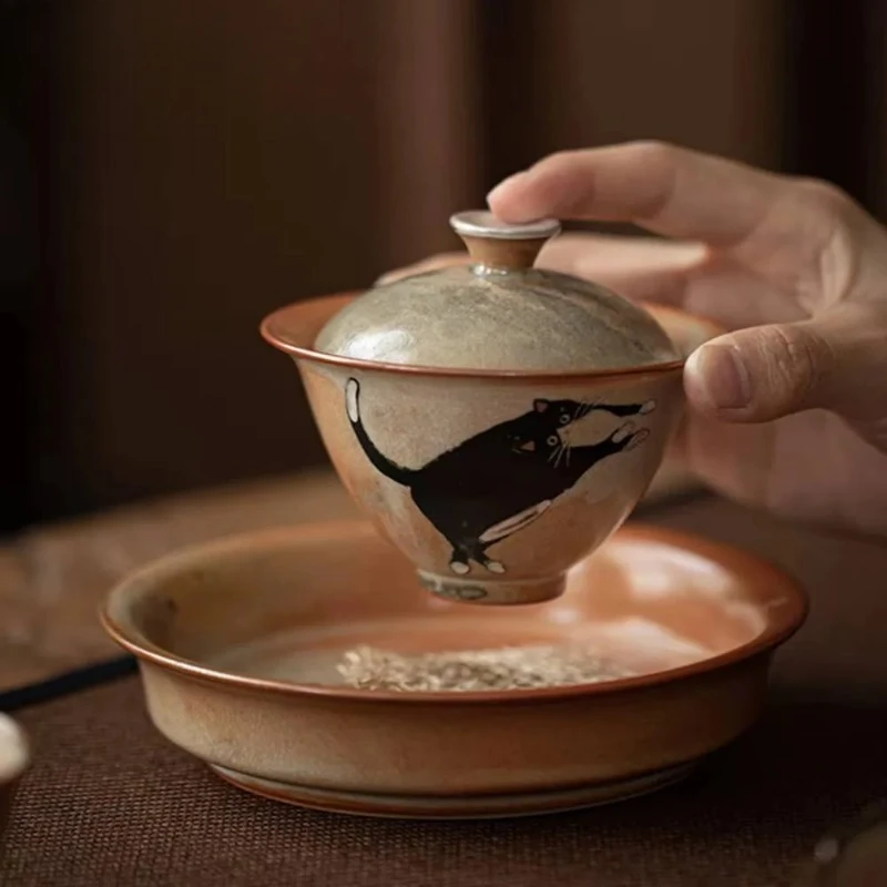 130ml Handmade Wood-fired Porcelain Gaiwan Retro Kiln Change Zhiye Cat Pottery Tea Tureen Maker Cover Bowl For Ornaments Craft view 6