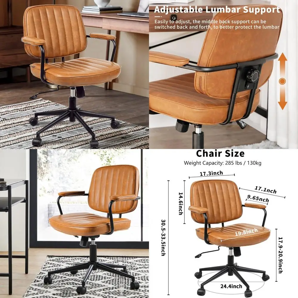 

Mid Century Style Leather Swivel Chair with Wheels, Adjustable Height, and Ergonomic Design for Office Desk