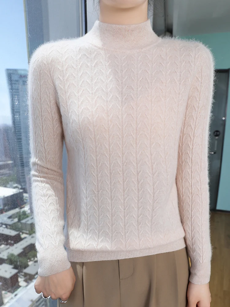 

Classic 100% Merino Wool Sweater Autumn Winter Women Mock Neck Gingham Soft Knitted Pullover Casual Thick Cashmere Clothing Top