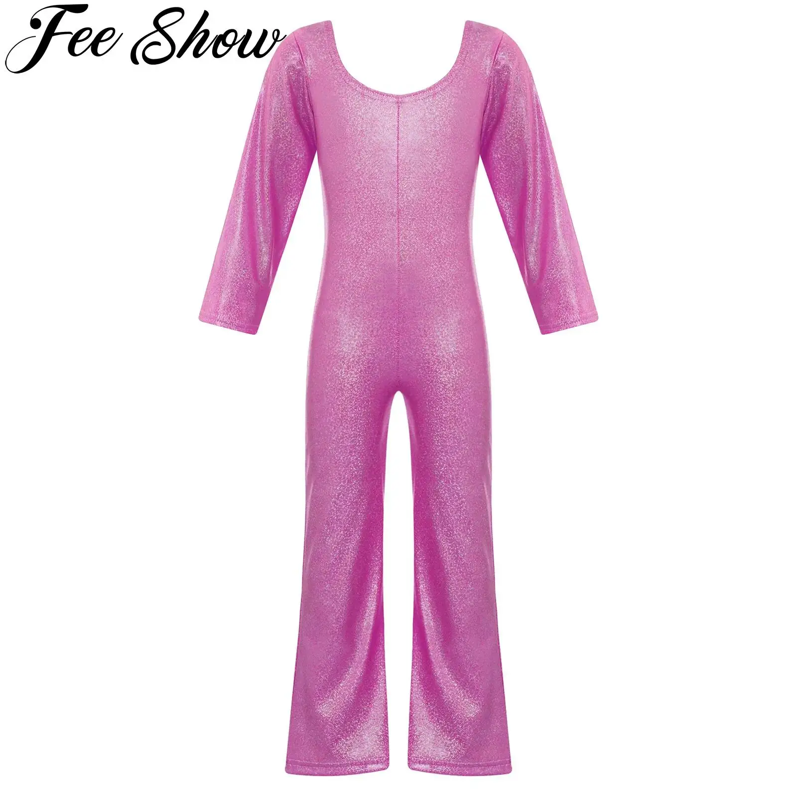 Kids Girls Shiny Ballet Gymnastics Leotard Jumpsuit Scoop Neck Long Sleeve Bell-Bottomed Bodysuit Stage Performance Costume