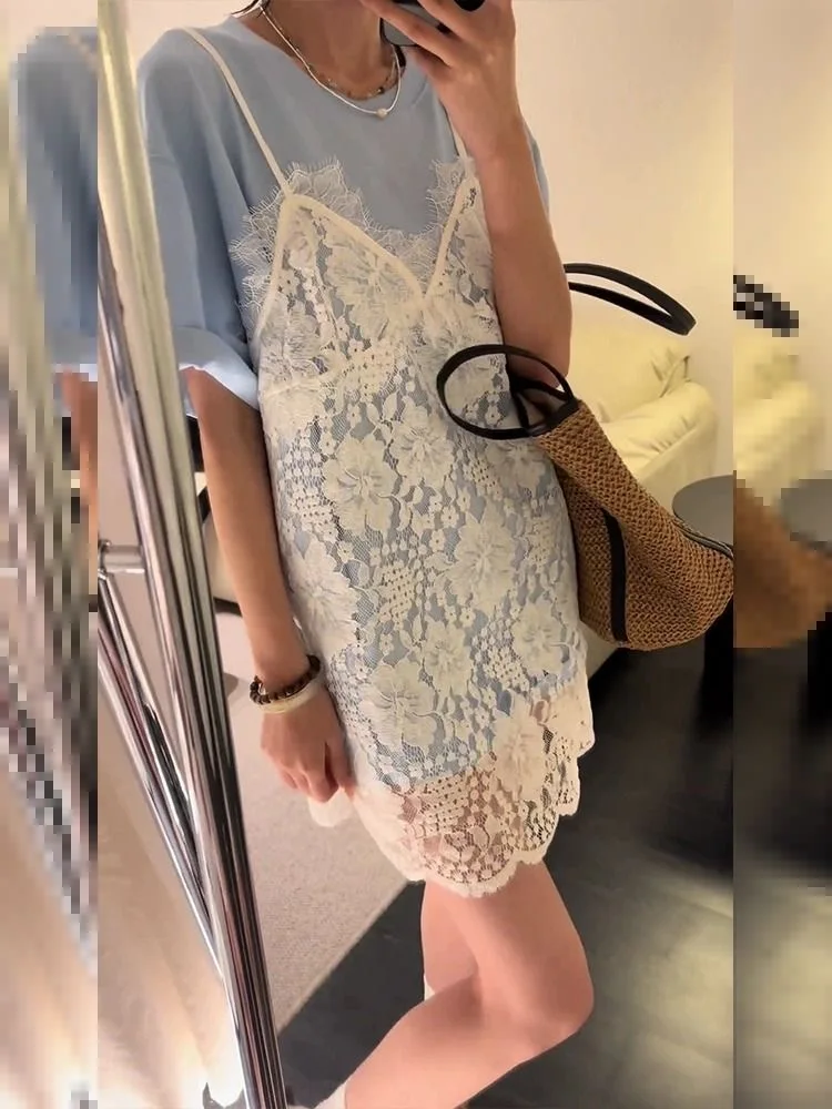 Abito sottoveste in pizzo con occhielli bianchi con scollo a V Abito estivo trasparente in un unico pezzo da donna Elegante abito corto coprente senza maniche da donna