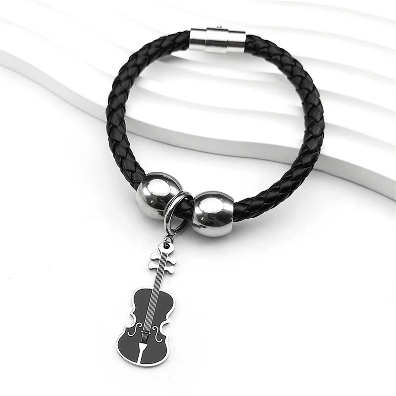 Fashion Violin Bracelet for Women Men PU Leather Silver Color Music Lover Female Hand Chain Jewelry Gifts