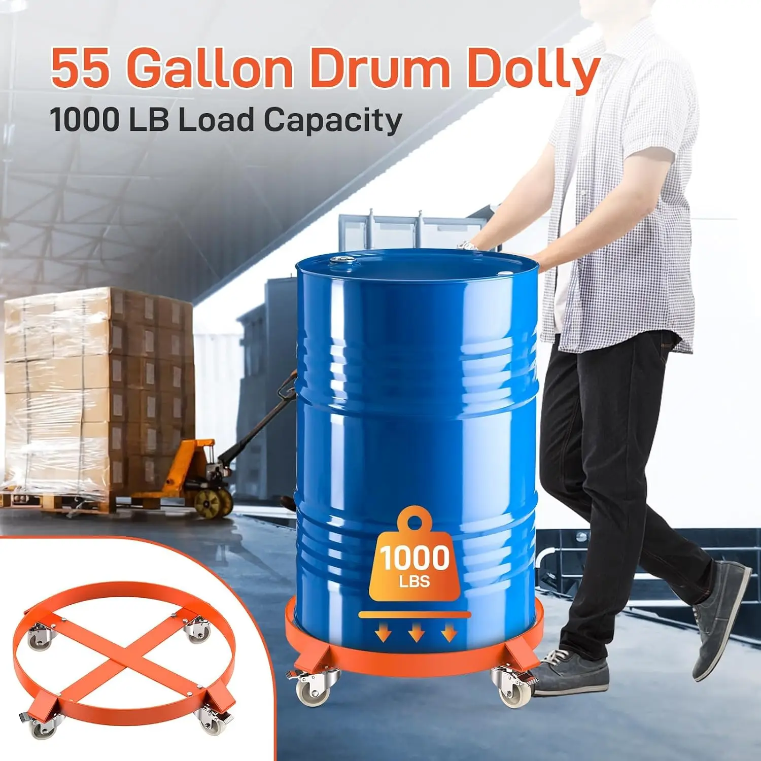 Tacleekii 55 Gallon Drum Dolly 1000LBS Load Capacity Barrel Dolly Cart with 4 or 5 Swivel Casters Wheel Non-Tipping Hand Truck for Warehouse Drum Handling (1 Pack)