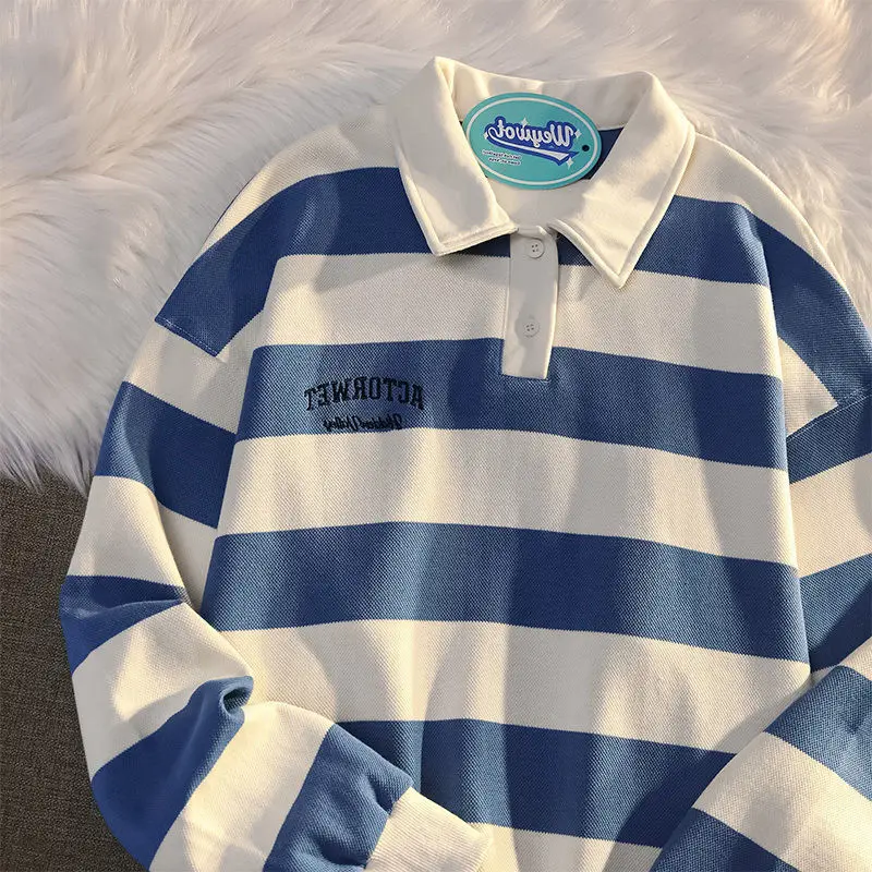 

Мужская повседневная рубашка в американском ретро-стиле с полосками, размер 300 Pou, свободного кроя, с отложным воротником, весна-осень, корейская версия, свободный крой