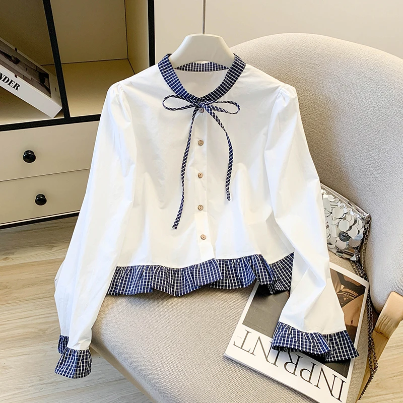 

White Design Sense Bow Tie Plaid Women's Spring Loose Lazy Anti Aging Lace Trimmed Shirt Straight Tube Polyester Fiber Long S...