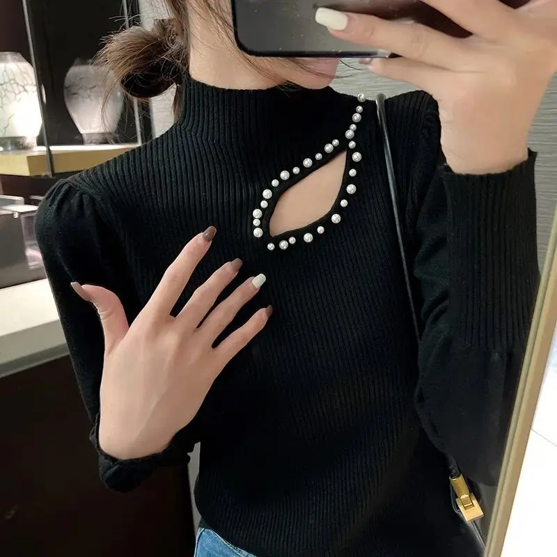 Autumn Winter New Fashion Elegant Women's Half High Collar Hollow Out Rivet Advanced Sense Puff Sleeve Commuter Sweaters Tops
