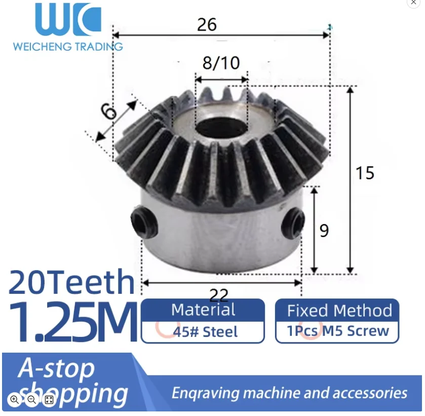 1pcs Bevel Gear 1.25 Modulus 20 Teeth With Inner Hole 8mm 10mm 90 Degree Drive Commutation Steel Gears Screw Hole M4