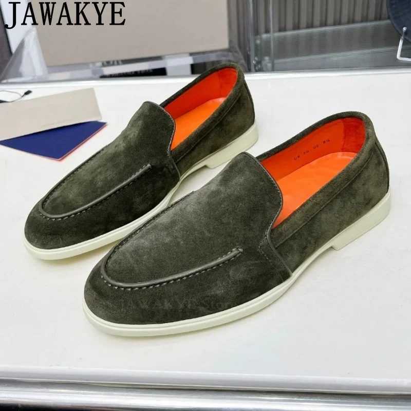 2024 New Suede Business Flat Loafers Shoes Men Formal Casual Slip-on Walk Shoes Army Green Genuine Leather Flat Shoes Man