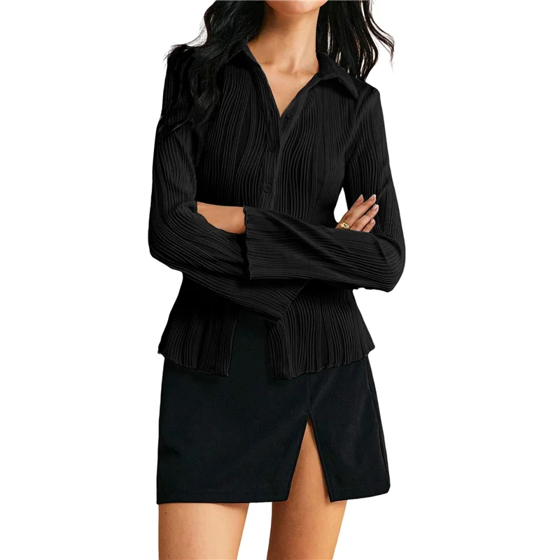 

ABRT-Womens Textured Button Down Long Sleeve Shirt Casual Work Office Blouse Top