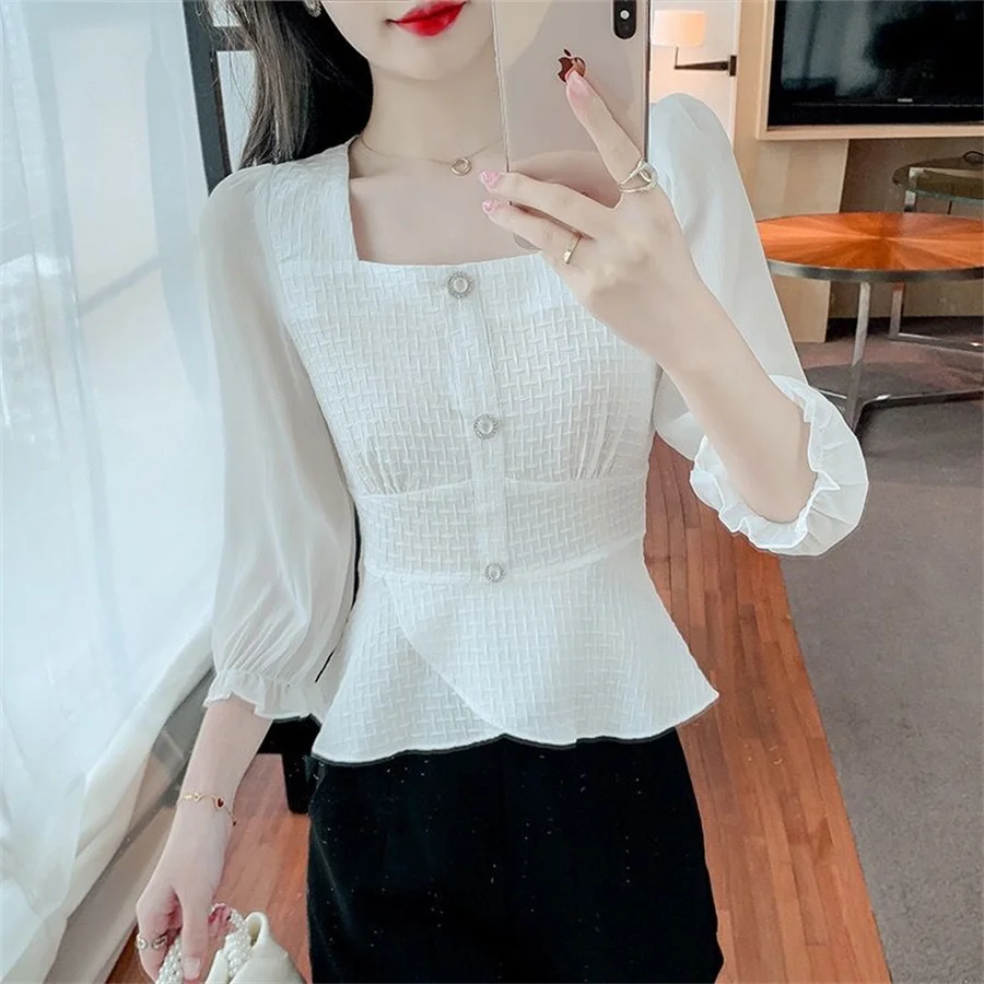 Woman Spring Autumn Style Blouses Shirts Lady Casual Three Quartz Sleeve Square Collar Blusas Tops DF4602