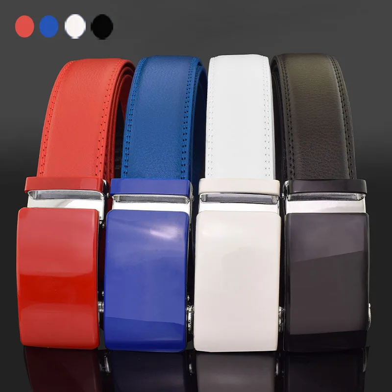Men's High Quality Automatic Buckle White Belt Men 3.5cm Waist Straps for Jeans Fashion Golf Synthetic Leather Business Designer