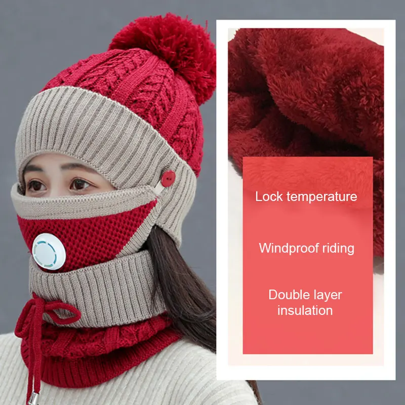 2021 New Fashion 3PCS Womens Winter Scarf Set  with Filter Thickend Knitted Comfortable BreathableHat Scarf Face Cover Outdoor