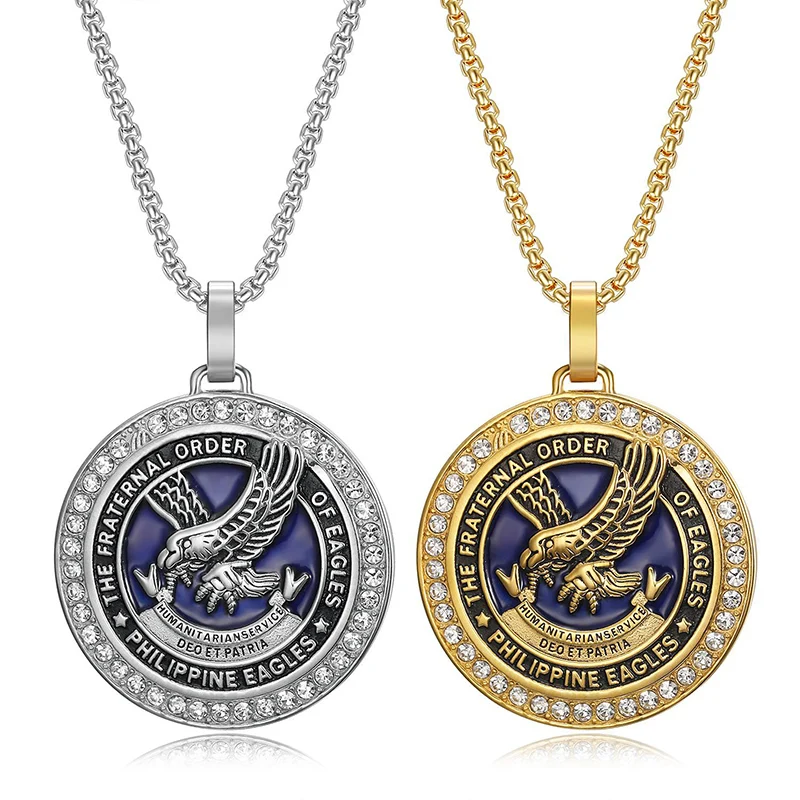 

Хип-хоп Bling Iced Out из нержавеющей стали The Fraternal Order Филиппинские орлы круглые подвески ожерелье для мужчин рэпер ювелирные изделия