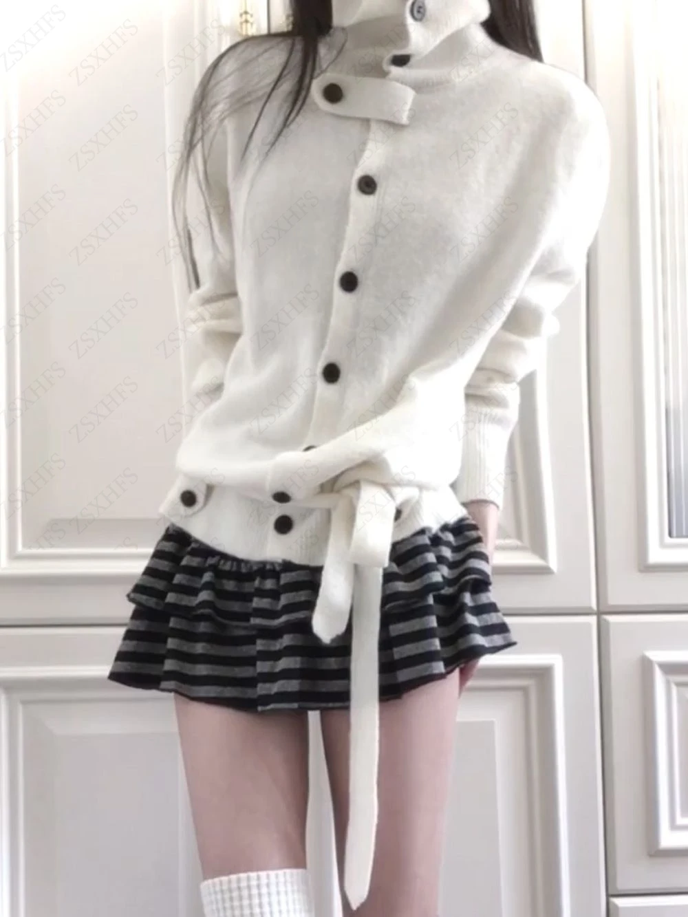 Korean Casual High-Fashion Knit High-Neck Cardigan Sweater + Striped Short Skirt Minimalist Versatile Aesthetic  Two-piece Set