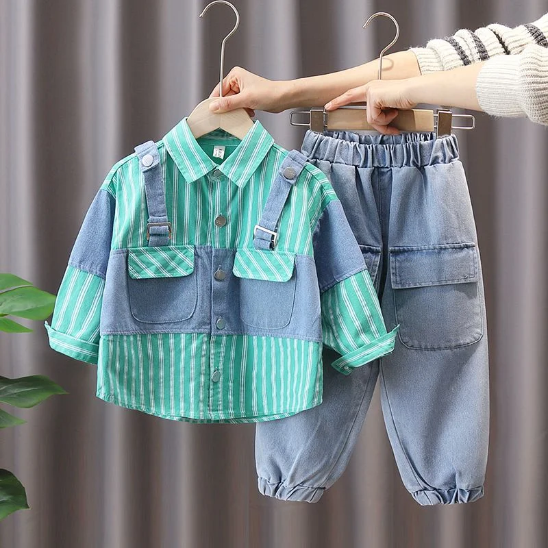 

Korean Boutique Kids Clothes Boy Shirts Fake Two Piece Shirt And Denim Pants Gentleman Boy Clothes Streetwear Outdoors Sportwear