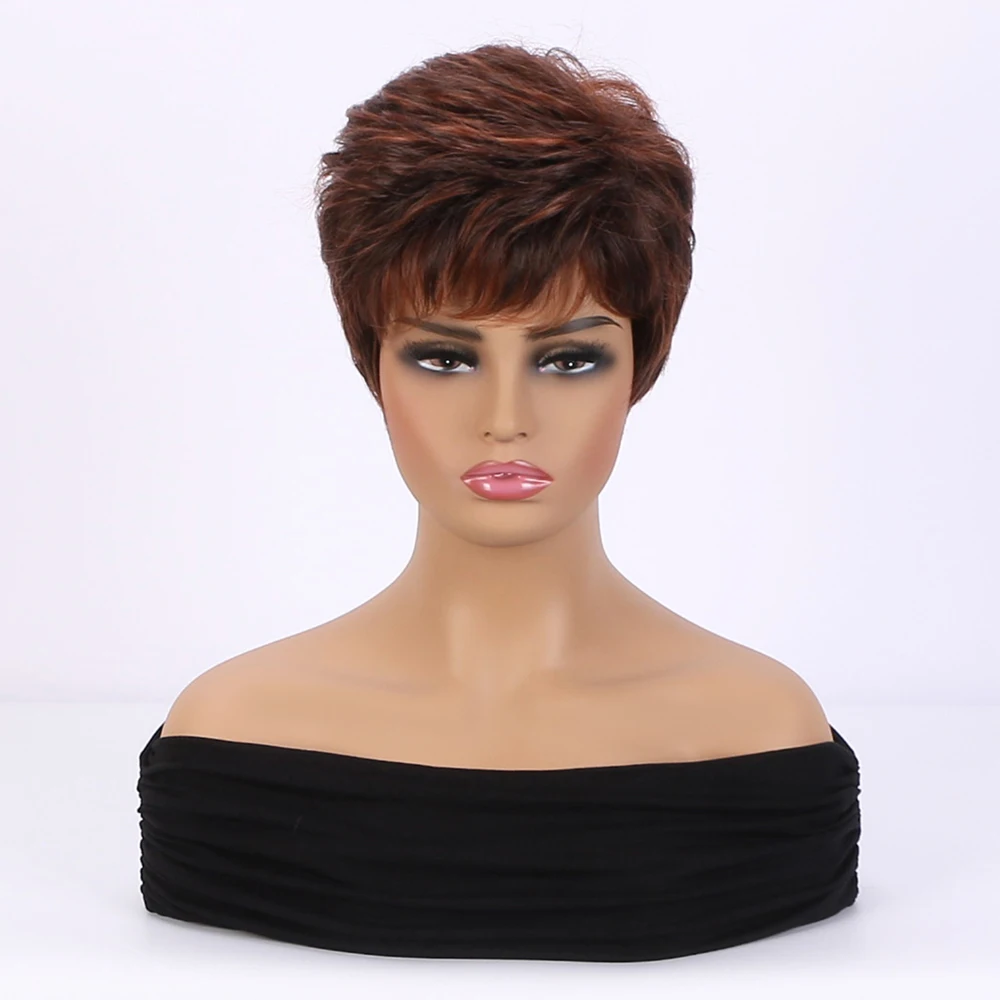 Pixie Cut Hairstyle Natural Wine Red Ombre Short Wigs with Bangs Soft & Healthy Short Synthetic Hair Costume Party Wig for Women