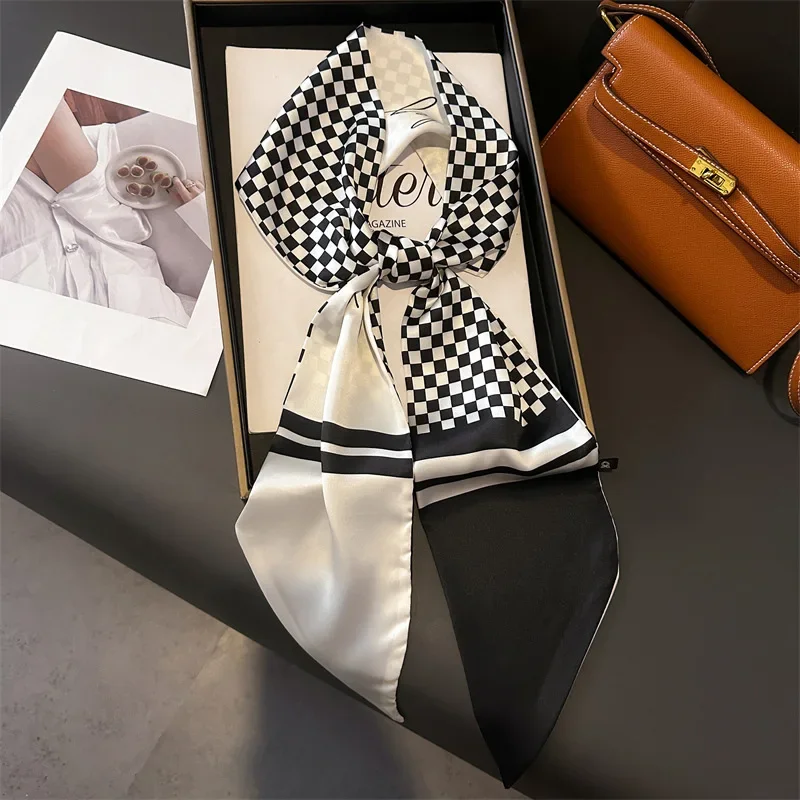 

Клетчатый шарф, женский платок из искусственного шелка, платок, женские ленты для волос, узкая лента, шарфы для волос, сумка, галстуки 15*150 см