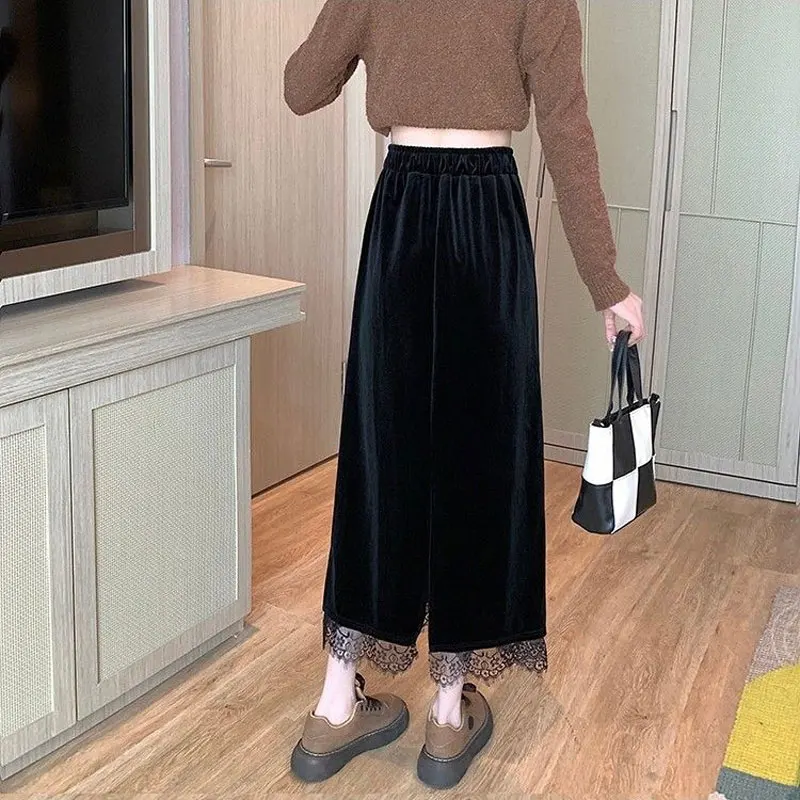 Jupes mi-longues en velours Vintage en dentelle Patchwork pour femme, vêtements trapèze élastiques, couleur unie, mode basique, fendue, automne hiver